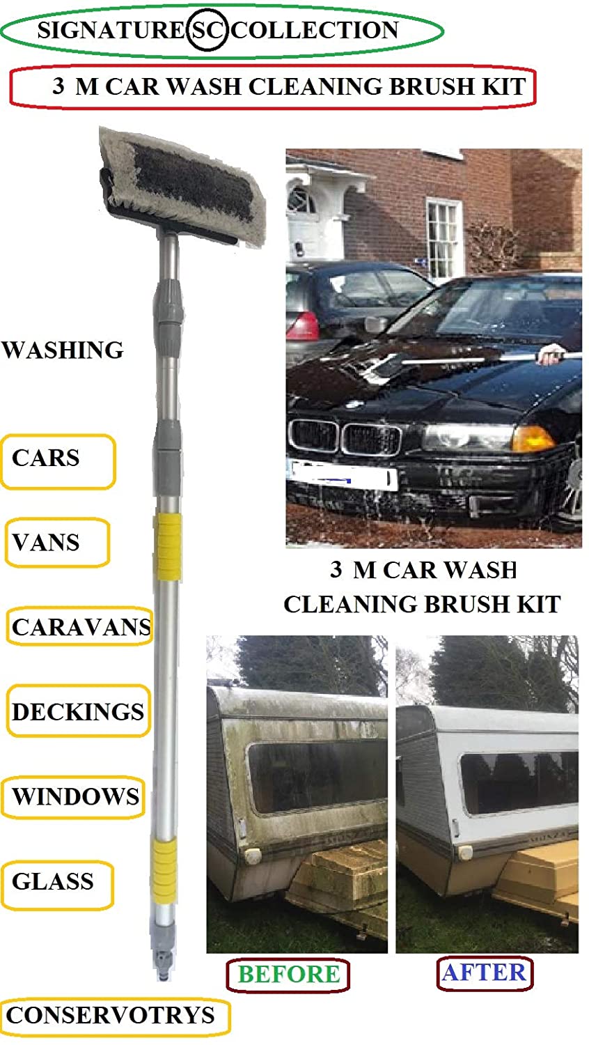 3M 9FT Aluminium Telescopic Water FED Window CAR Van WASH Brush Extendable,  Water Fed through Brush - Window Cleaning squeegee Car Wash on off.